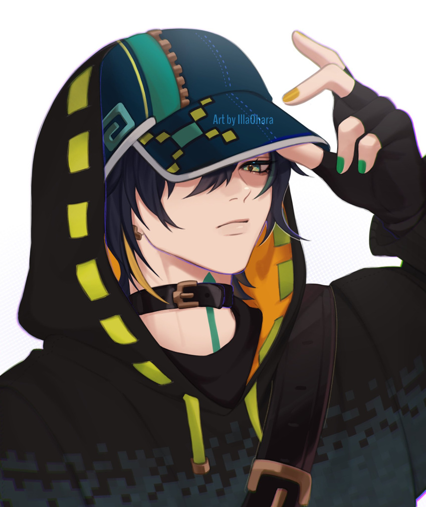 1boy, black_collar, black_gloves, black_hair, black_hat, black_hoodie, black_shirt, closed_mouth