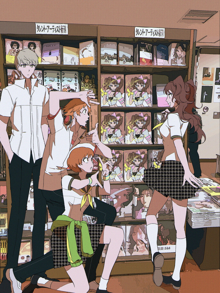 2girls, absurdres, babakun, black_pants, black_sailor_collar, black_shoes, black_skirt, brown_hair, clothes_around_waist, green_jacket, grey_eyes, grey_hair, grey_shoes, hanamura_yousuke, hands_in_pockets, headphones, headphones_around_neck, highres, indoors, jacket, jacket_around_waist, kujikawa_rise, long_hair, multiple_girls, narukami_yuu, neckerchief, on_one_knee, orange_hair, pants, persona, persona_4, pocket, sailor_collar, satonaka_chie, school_uniform, shirt, shoes, short_hair, short_sleeves, skirt, smile, socks, standing, standing_on_one_leg, track_jacket, twintails, white_shirt, white_socks, yasogami_school_uniform, yellow_neckerchief