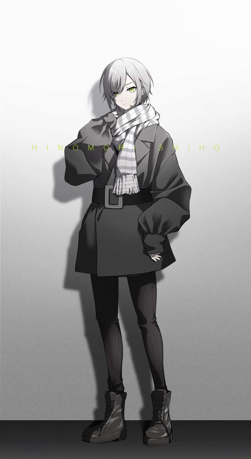 1girl, absurdres, adjusting_scarf, belt, black_boots, black_coat, black_pants, boots