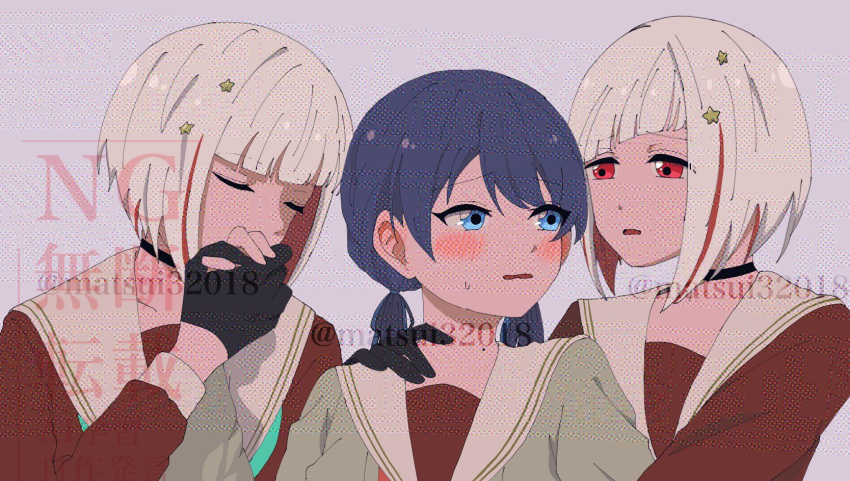 3girls, aqua_neckerchief, black_choker, black_gloves, blue_eyes, blue_hair, blush, bob_cut