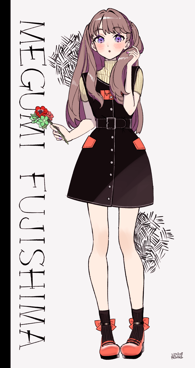 1girl, :o, artist_name, black_dress, black_socks, blush, brown_hair, character_name, commentary, dated, dress, flower, fujishima_megumi, full_body, green_flower, grey_background, highres, holding, holding_flower, link!_like!_love_live!, long_hair, looking_at_viewer, love_live!, mary_janes, open_mouth, orange_shoes, pinafore_dress, red_flower, renge_(042514), ribbed_socks, ribbed_sweater, shoes, short_dress, short_sleeves, signature, simple_background, sleeveless, sleeveless_dress, socks, solo, standing, sweater, two_side_up, violet_eyes, virtual_youtuber, yellow_sweater