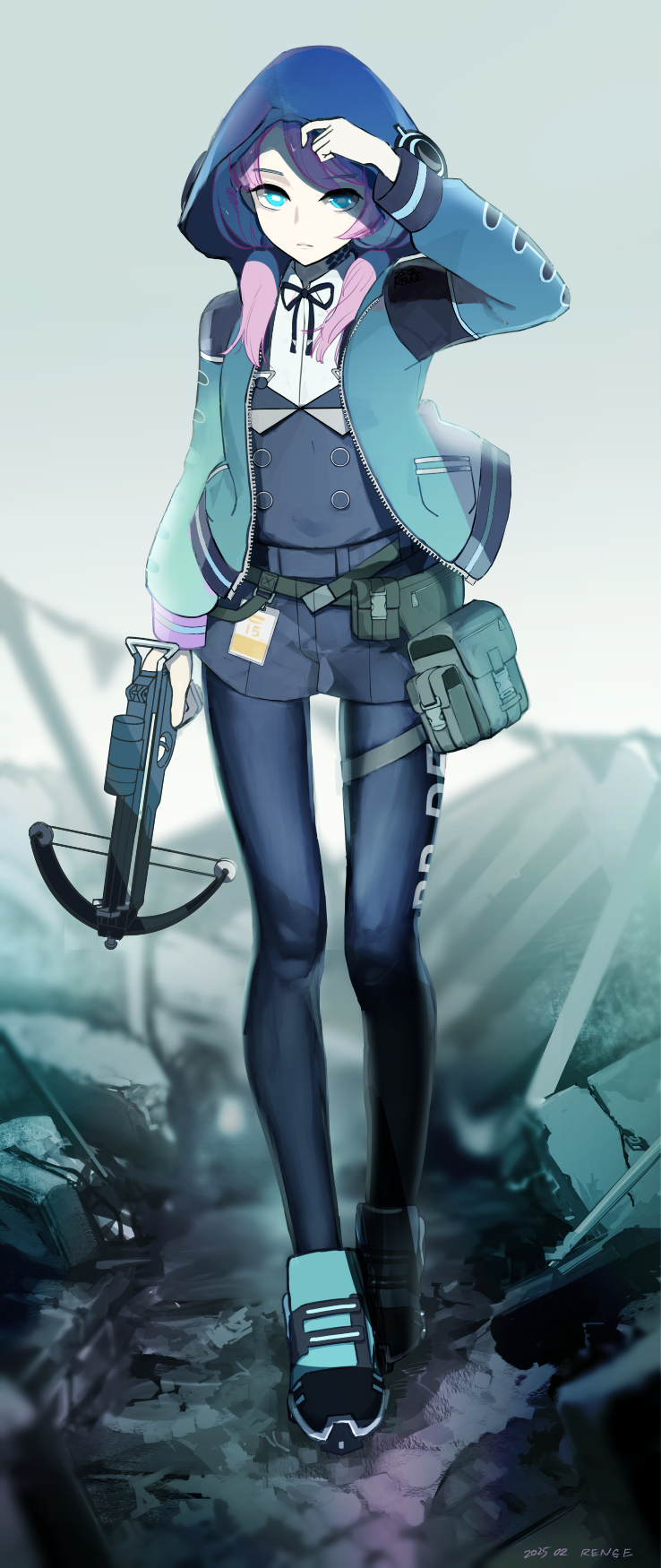 1girl, aqua_jacket, aqua_shoes, arknights, arm_up, belt, black_pantyhose, black_ribbon