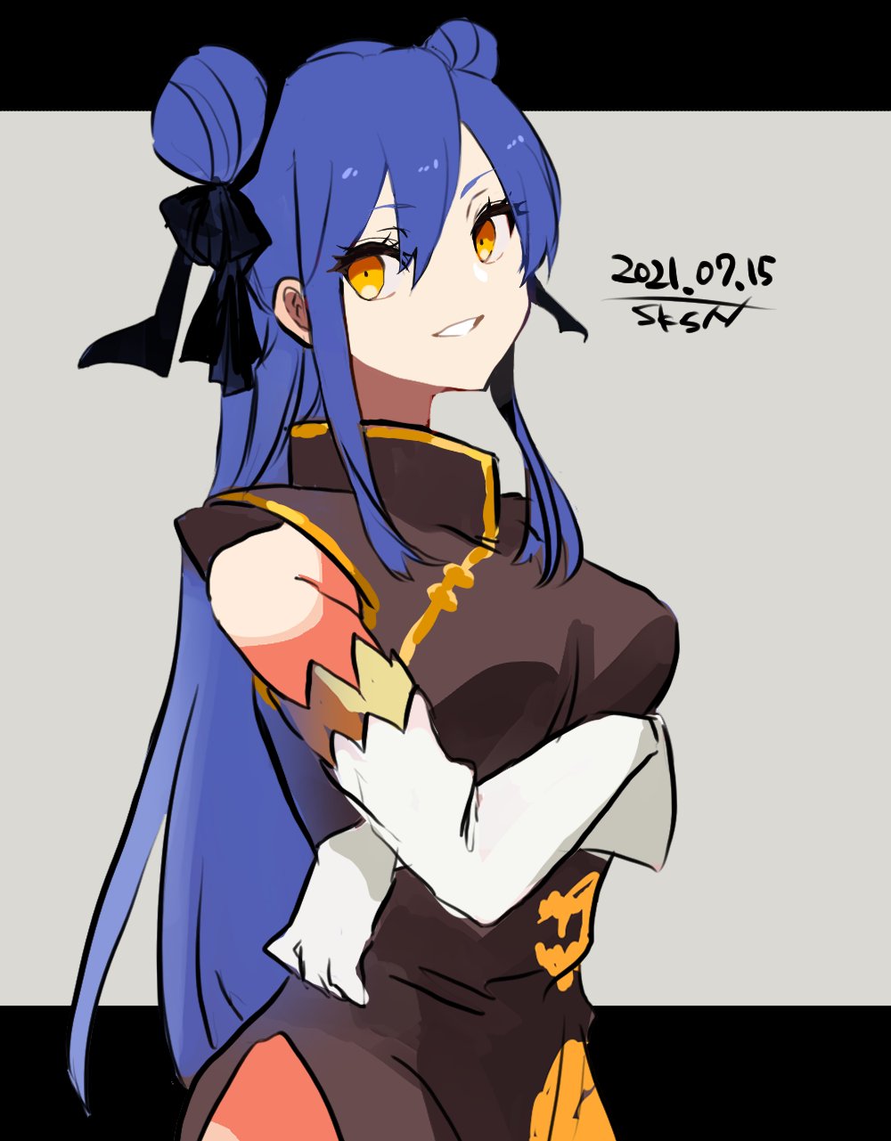 1girl, blue_hair, breasts, china_dress, chinese_clothes, detached_sleeves, double_bun, dress