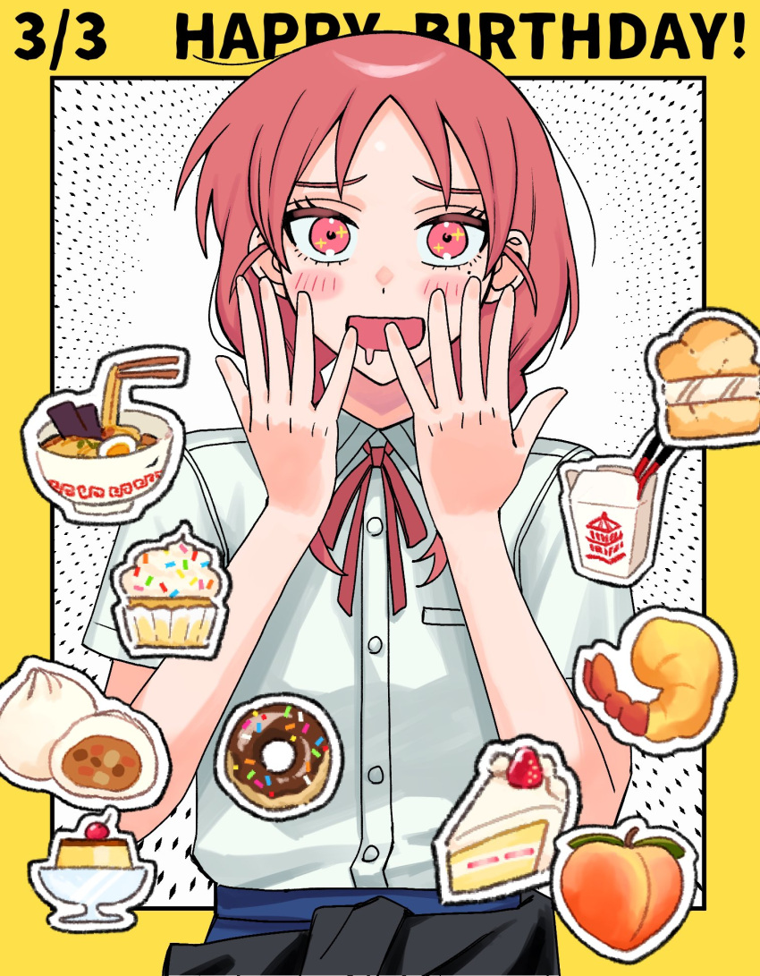 1girl, :d, blue_skirt, blush, bowl, braid, breast_pocket, cake