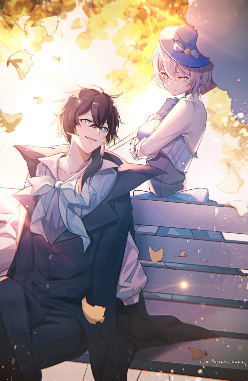 1boy, 1girl, absurdres, bench, black_hair, black_jacket, blue_eyes, blue_hat