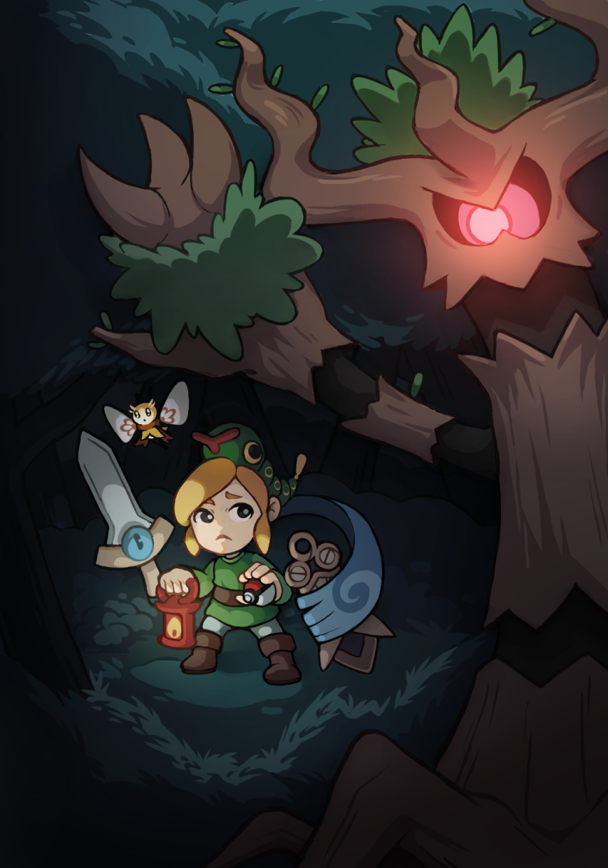 blonde_hair, bug, caterpie, crossover, dark_forest, fairy, ghost, green_tunic, highres, honedge, lamp, link, mateus_upd, poke_ball, pokemon, pokemon_(creature), sword, tree, trevenant, tunic, video_game, weapon