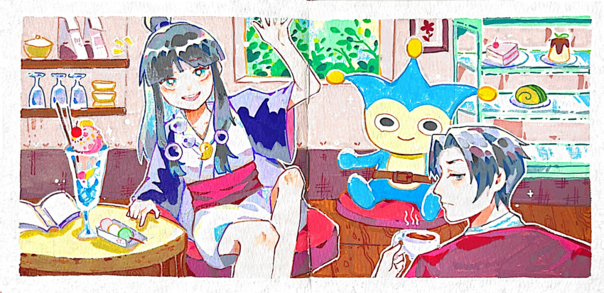 1boy, 1girl, ace_attorney, ascot, black_hair, blazer, blue_badger, blue_eyes, blunt_bangs, bright_pupils, cafe, cake, cake_slice, cherry, chinese_commentary, closed_mouth, commentary_request, cup, dango, double-parted_bangs, expressionless, feet_out_of_frame, flour, food, forehead, from_behind, fruit, glass, gradient_eyes, grey_hair, hair_bobbles, hair_bun, hair_ornament, hand_on_table, hand_up, haori, happy, highres, holding, holding_cup, ice_cream, indoors, jacket, japanese_clothes, jewelry, kimono, kimono_dress, light_frown, long_hair, long_sidelocks, long_sleeves, looking_at_viewer, looking_back, magatama, magatama_necklace, maya_fey, miles_edgeworth, multicolored_eyes, necklace, notice_lines, obi, on_stool, outline, painting_(object), pink_sash, plate, pocky, pudding, purple_jacket, red_jacket, sanshoku_dango, sanyue_bingbing, sash, short_hair, short_kimono, sidelocks, single_hair_bun, sitting, sparkle, steam, sundae, swiss_roll, tea, teacup, thick_eyebrows, traditional_media, two-sided_sleeves, upper_body, wagashi, white_ascot, white_kimono, white_outline, white_pupils, wide_sleeves, window, wooden_floor, yellow_eyes