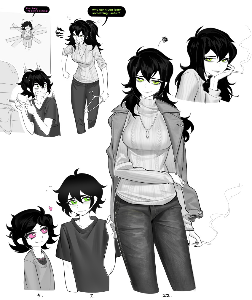 1boy, 2girls, absurdres, aged_down, aierlaobo, airloopy, andrew_graves, angry, ashley_graves, black_hair, cigarette, english_text, green_eyes, highres, holding, holding_cigarette, jacket, jacket_on_shoulders, looking_at_viewer, mother_and_daughter, mother_and_son, multiple_girls, pink_eyes, renee_graves, scared, siblings, standing, tape, the_coffin_of_andy_and_leyley