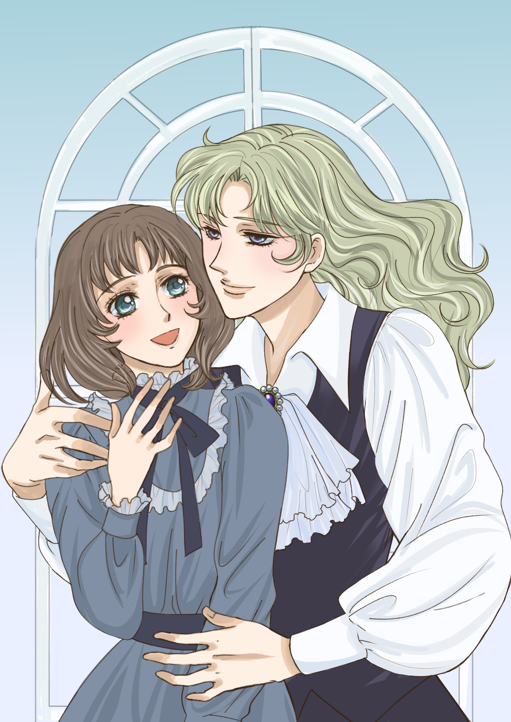 2girls, :d, asaka_rei, ascot, black_ribbon, black_vest, blonde_hair, blue_eyes