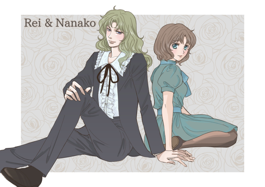 2girls, asaka_rei, black_pants, black_shoes, blue_eyes, brown_hair, brown_pantyhose, brown_shoes