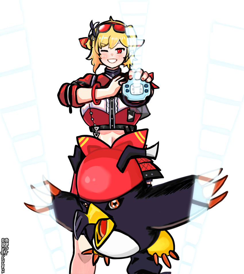 1girl, 1other, absurdres, asymmetrical_legwear, blaparky, blonde_hair, crop_top, digimon, digimon_adventure, digivice, eyewear_on_head, headband, highres, hololive, hololive_idol_uniform_(color_rise), hololive_indonesia, kaela_kovalskia, navel, one_eye_closed, pemaloe_(kaela_kovalskia), red_eyes, red_headband, twitter_username, virtual_youtuber