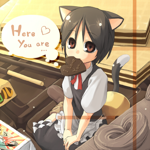 brown_eyes, brown_hair, cat_ears, cat_tail, chocolate, english, fuji-k, heart