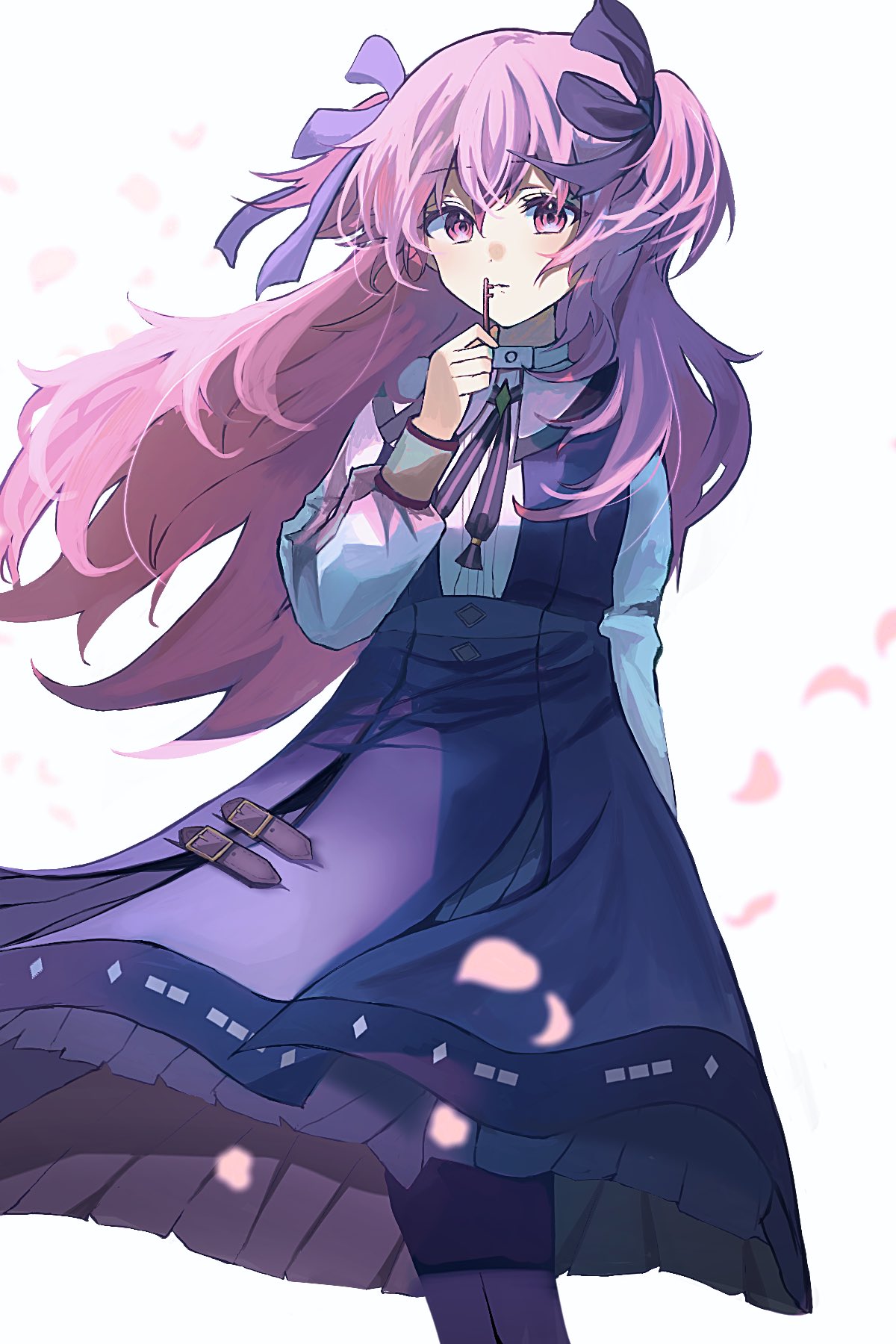 1girl, arm_at_side, belt_buckle, black_bow, black_dress, black_pantyhose, black_ribbon, bow