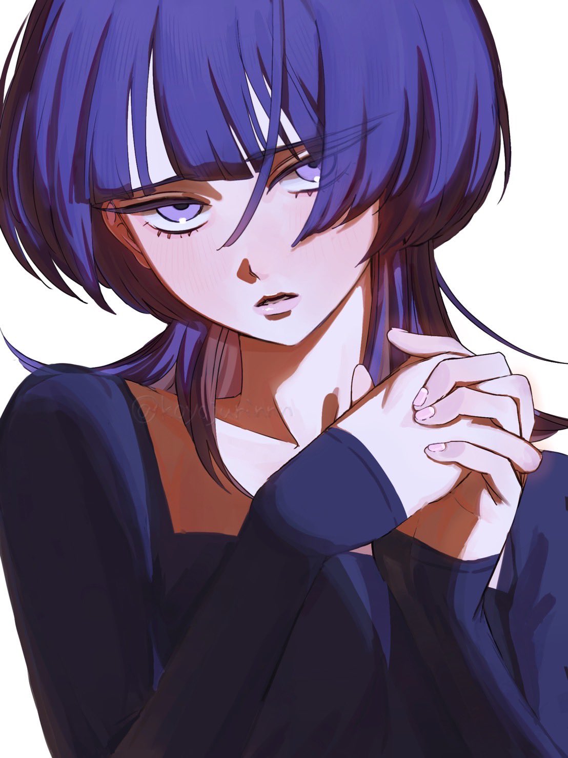 1girl, blue_shirt, blunt_bangs, blush, commentary, fujii_ayame, futsuu_no_keion-bu, highres