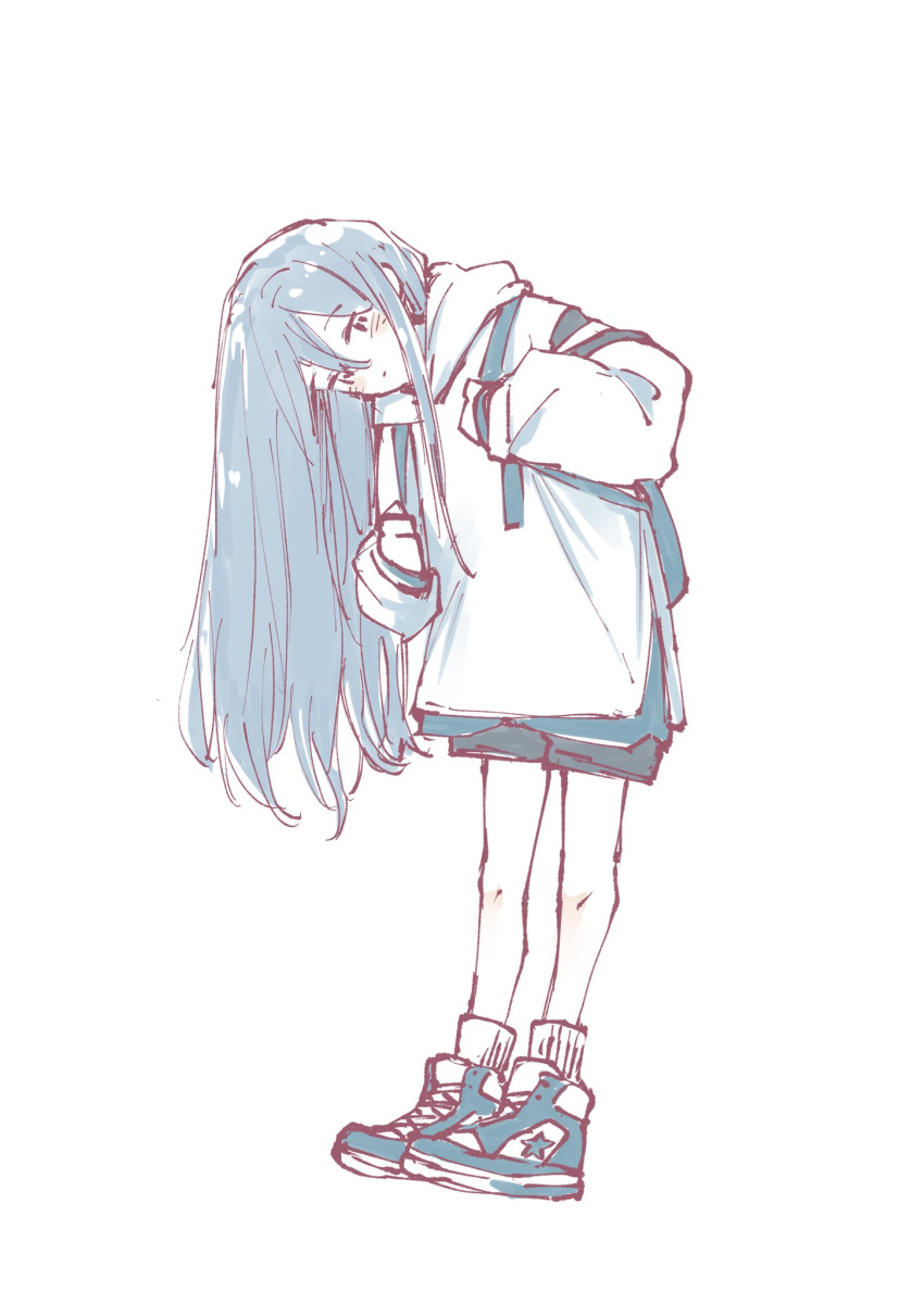 1girl, aqua_shirt, aqua_shoes, backpack, bag, black_eyes, black_shorts, blue_hair