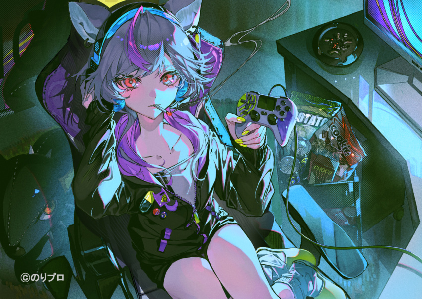 1girl, animal_ear_fluff, animal_ears, black_jacket, controller, game_controller, green_slippers, grey_hair, hand_on_headphones, headphones, holding, holding_controller, holding_game_controller, jacket, long_hair, looking_at_viewer, loose_socks, medium_hair, mikami_renge, mura_karuki, noripro, official_art, red_eyes, shirt, sidelocks, slippers, socks, very_long_hair, white_shirt, white_socks, wolf_ears, wolf_girl, yellow_nails