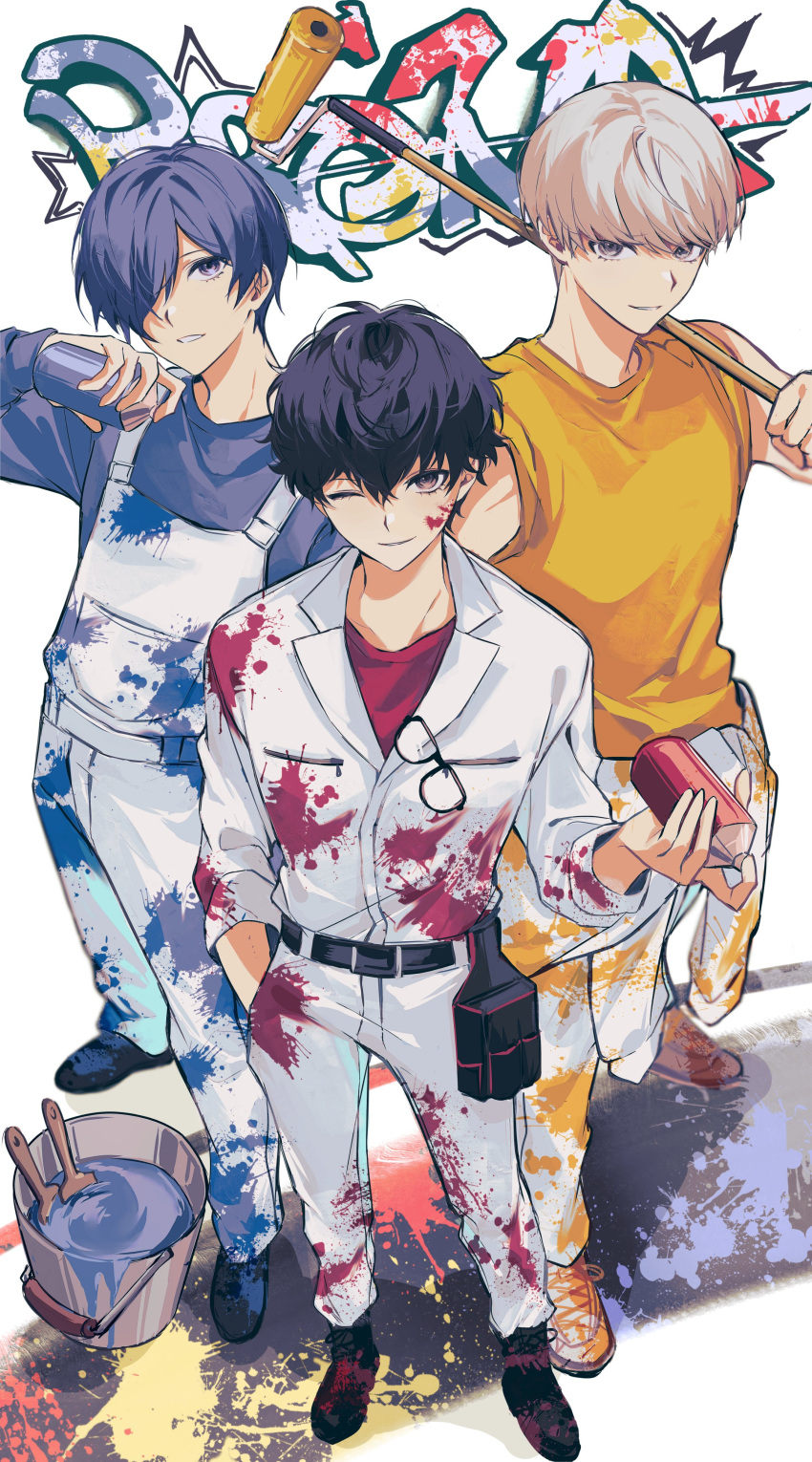 3boys, absurdres, alternate_costume, amamiya_ren, belt, black_belt, black_shoes, blue_eyes