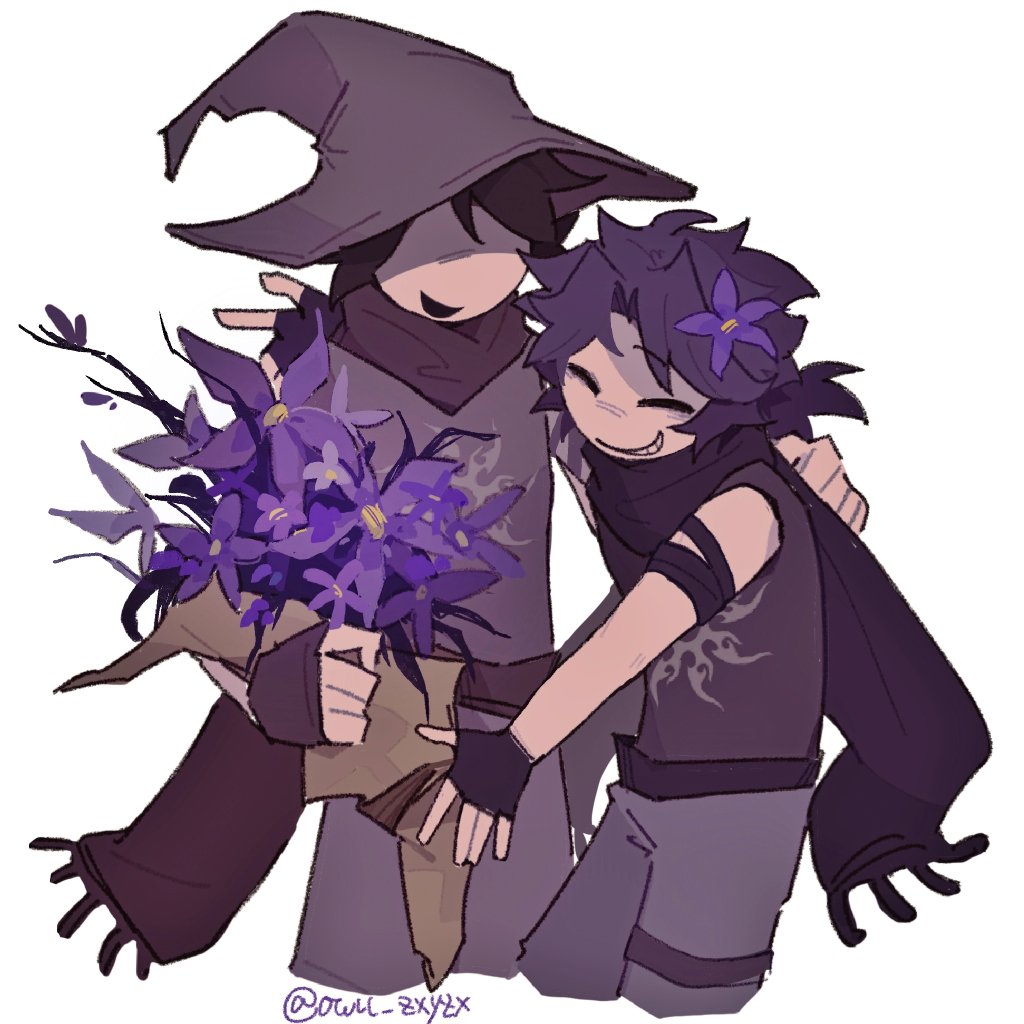 2others, azure_(forsaken), black_hair, black_scarf, bouquet, closed_eyes, cowboy_shot, flower