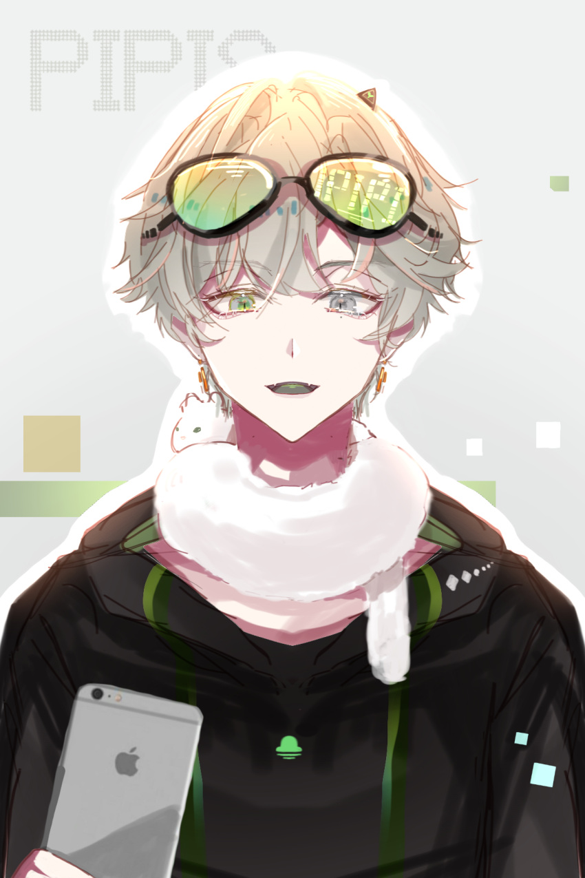 1boy, animal_around_neck, black-framed_eyewear, black_jacket, borrowed_character, cellphone, chinese_commentary, colored_tongue, commentary_request, earrings, eyelashes, eyewear_on_head, fangs, ferret, green-tinted_eyewear, green_eyes, green_tongue, grey_background, grey_eyes, grey_hair, hair_between_eyes, heterochromia, highres, holding, holding_phone, hood, hood_down, hooded_jacket, interruption_(echo-023), iphone, jacket, jewelry, long_sleeves, looking_at_viewer, male_focus, open_mouth, original, outline, phone, pink_shirt, second-party_source, shirt, short_hair, smartphone, smile, solo, straight-on, sunglasses, tinted_eyewear, upper_body, white_outline
