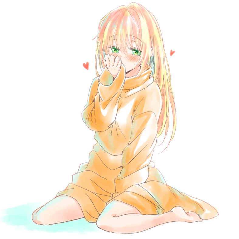 1girl, barefoot, blonde_hair, blush, borrowed_clothes, commentary_request, covering_own_mouth, dragon_quest