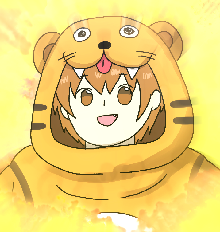 1girl, animal_costume, animal_hood, animal_print, brown_eyes, brown_hair, commentary_request, dubieduba, fang, fate/grand_order, fate_(series), hood, jaguarman_(fate), open_mouth, portrait, short_hair, smile, solo, tiger_costume, tiger_print
