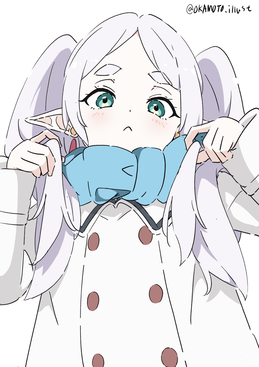 1girl, :<, absurdres, blue_scarf, blush, closed_mouth, coat, collared_coat