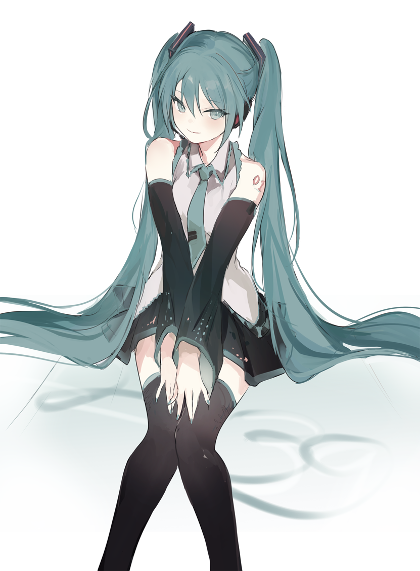 1girl, aqua_eyes, aqua_hair, aqua_nails, aqua_necktie, aqua_trim, arm_tattoo, bare_shoulders