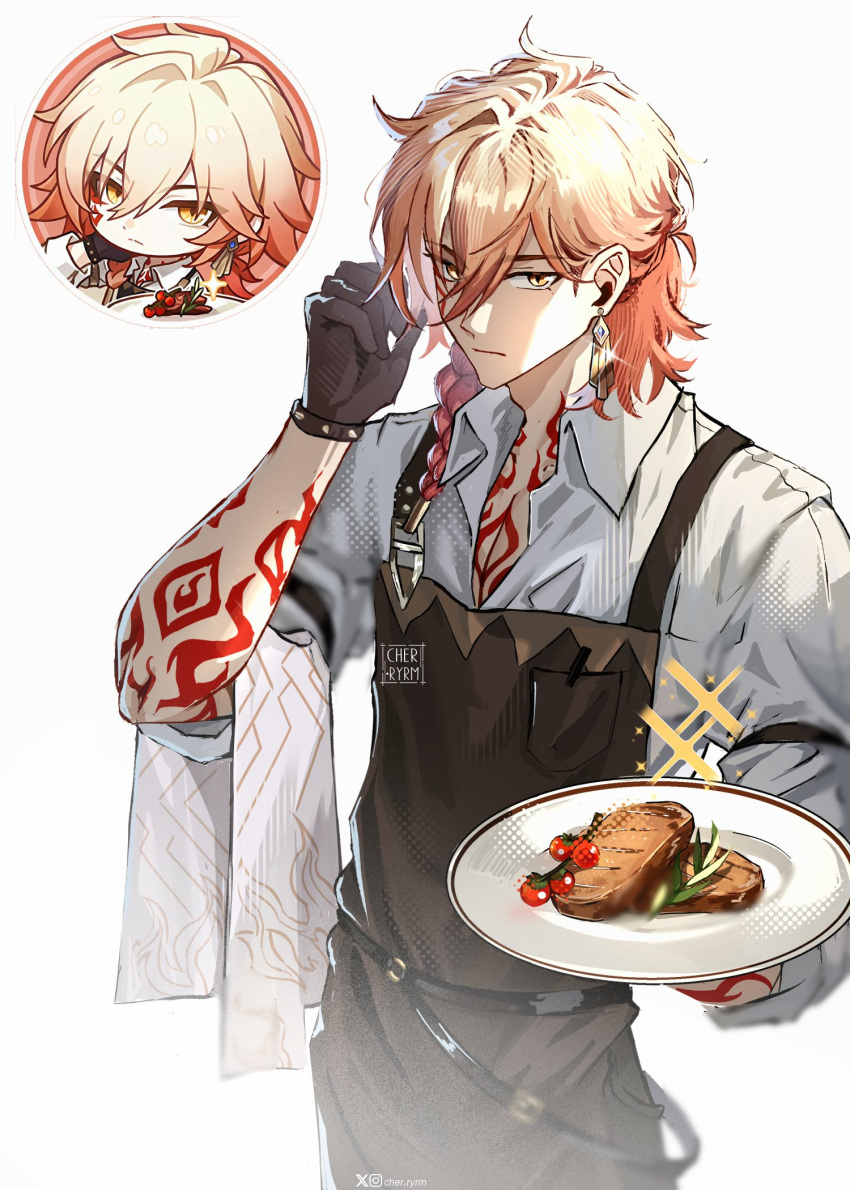 1boy, apron, arm_tattoo, artist_name, black_apron, black_gloves, blonde_hair, braid, chest_tattoo, collarbone, collared_shirt, cowboy_shot, earrings, english_commentary, facial_tattoo, food, gloves, gold_earrings, gradient_hair, hair_behind_ear, hair_between_eyes, hand_on_own_face, hand_up, highres, holding, holding_plate, honkai:_star_rail, honkai_(series), jewelry, looking_at_viewer, male_focus, medium_hair, multicolored_hair, mydei_(honkai:_star_rail), partially_unbuttoned, photo-referenced, photo_inset, plate, red_hair, red_tattoo, ryrmcher, shirt, side_braid, sleeves_rolled_up, solo, sparkle, steak, tattoo, towel_on_arm, white_background, white_shirt, yellow_eyes