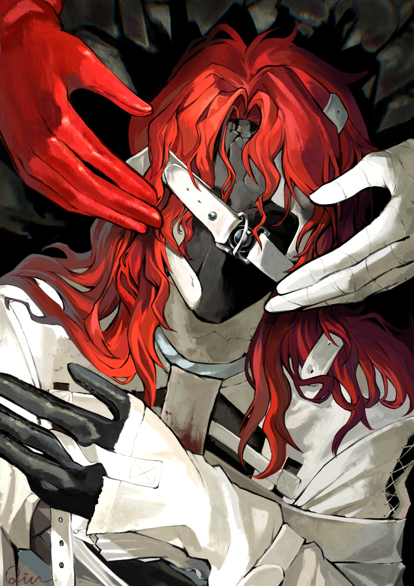 1boy, 2others, absurdres, aleph_(reverse:1999), bandaged_hand, bandages, black_gloves, black_mask