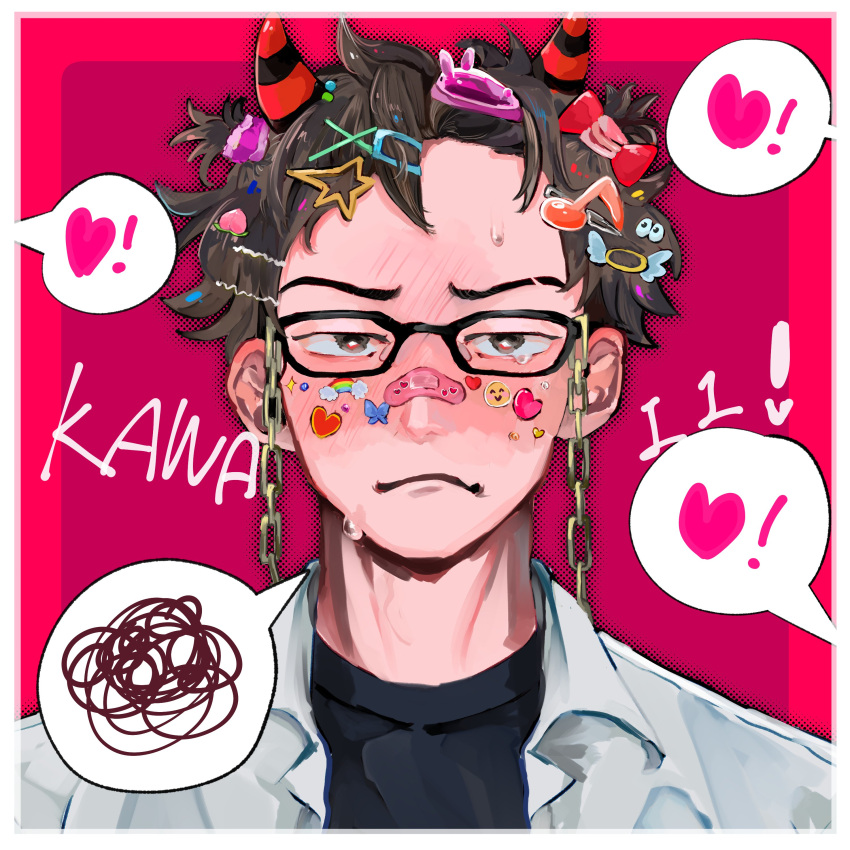 1boy, absurdres, bandaid, bandaid_on_face, bandaid_on_nose, black_shirt, blush, brown_eyes, brown_hair, chain, collared_shirt, eighth_note, embarrassed, eyebrow_cut, food-themed_hair_ornament, frown, futsuu_no_keion-bu, glasses, hair_ornament, hairclip, hairpin, heart, heart_stickers, highres, horns, male_focus, mi_fu_ji, musical_note, musical_note_hair_ornament, open_clothes, open_shirt, peach_hair_ornament, portrait, red_background, sanpaku, shirt, shirt_under_shirt, short_hair, solo, speech_bubble, spoken_heart, spoken_squiggle, squiggle, sticker_on_face, tearing_up, tohno_gen, very_short_hair, white_shirt
