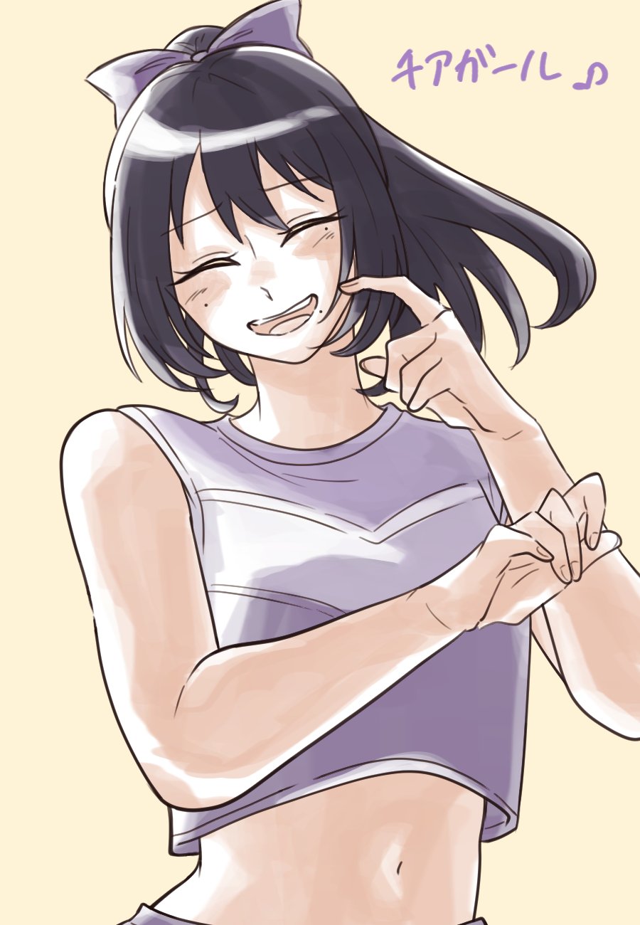 1girl, :d, ^_^, bare_arms, bare_shoulders, black_hair, bow, cheerleader