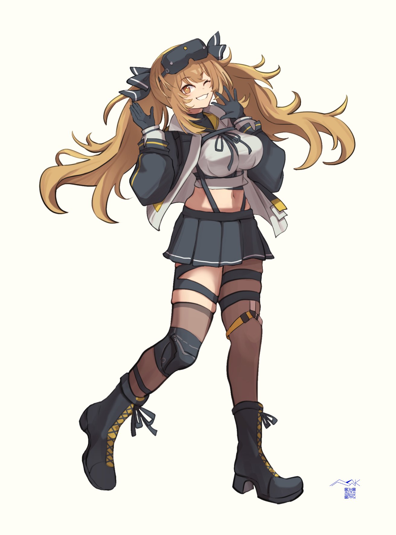 1girl, arms_up, asymmetrical_legwear, black_bow, black_gloves, black_jacket, black_ribbon, black_skirt