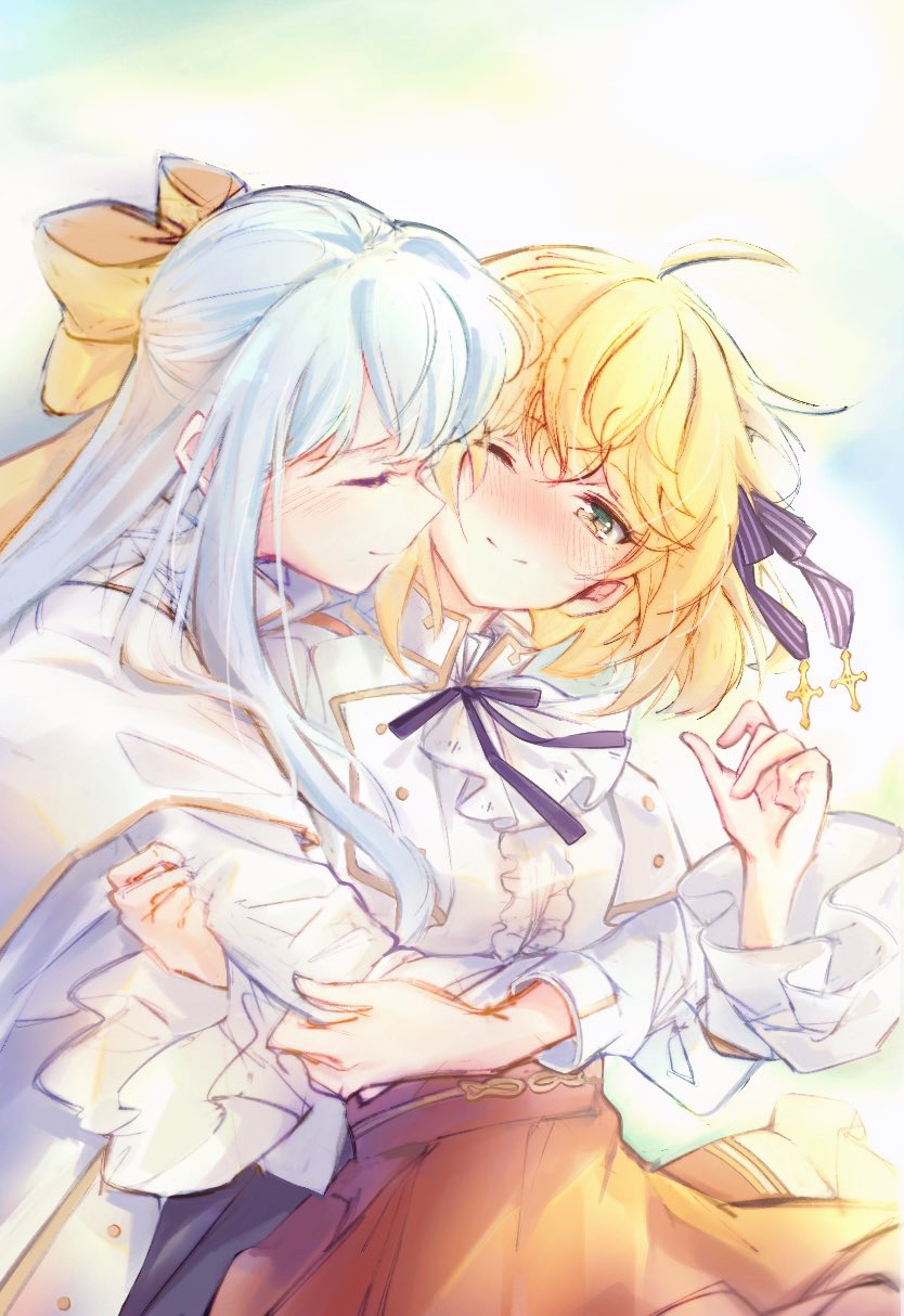 2girls, anisphia_wynn_palettia, ascot, black_ribbon, blonde_hair, blush, closed_eyes, closed_mouth