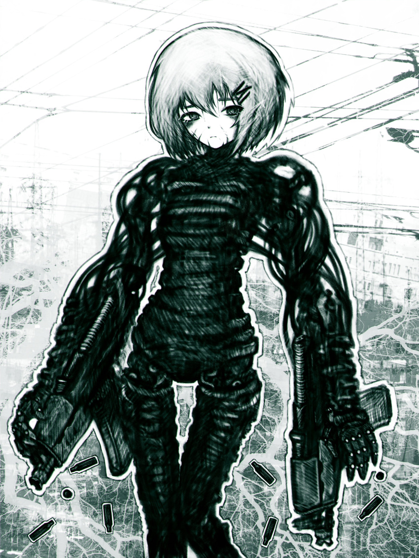 11e10, 1girl, abstract_background, absurdres, android, arm_mounted_weapon, breasts, cable, cyberpunk, dual_wielding, faux_traditional_media, feet_out_of_frame, green_theme, gun, hair_ornament, hairclip, hashtag-only_commentary, high_contrast, highres, holding, joints, knees_together_feet_apart, looking_at_viewer, marie_(peripeteia), mechanical_arms, mechanical_hands, mechanical_legs, monochrome, outline, peripeteia, power_lines, robot_joints, sad, scar, scar_on_face, science_fiction, shell_casing, short_hair, small_breasts, solo, standing, weapon, white_outline