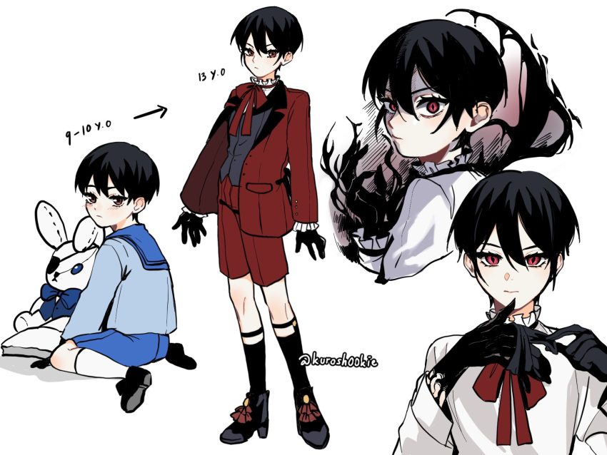 1boy, age_progression, black_gloves, black_hair, black_socks, bow, character_age, character_doll