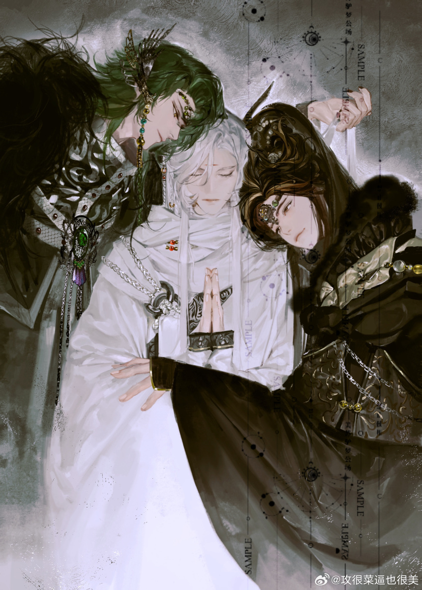 3boys, absurdres, beads, black_hair, black_hanfu, black_sleeves, brown_eyes, brown_hair, chain, character_request, chinese_clothes, circlet, closed_eyes, closed_mouth, curtained_hair, earrings, facial_mark, from_side, fur_trim, gong_hencai_bi_ye_henmei, green_hair, hair_beads, hair_ornament, hand_on_another's_arm, hanfu, head_on_another's_shoulder, highres, huadian, jewelry, jinguang_budaixi, long_hair, long_sidelocks, long_sleeves, looking_at_another, lushi_moluo, male_focus, multicolored_hair, multiple_boys, own_hands_together, parted_bangs, praying, qiao_rulai, sample_watermark, sidelocks, sleeves_past_wrists, straight-on, tassel, upper_body, watermark, white_hair, white_hanfu, white_sleeves, xiao_guan_(headdress), yellow_eyes
