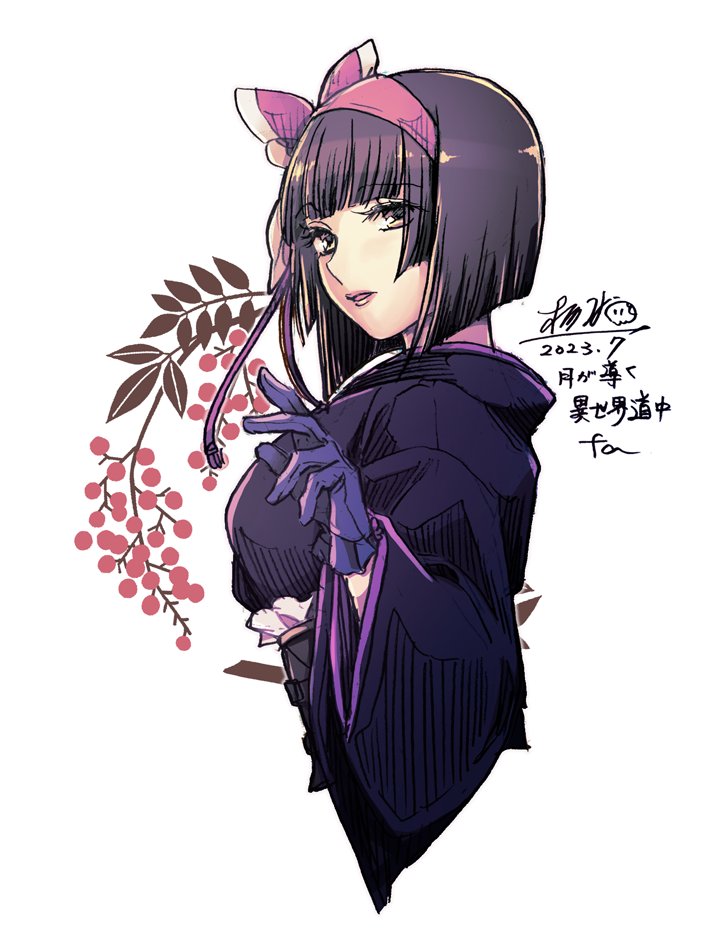 1girl, blunt_bangs, bob_cut, commentary_request, dated, gloves, japanese_clothes, kimono