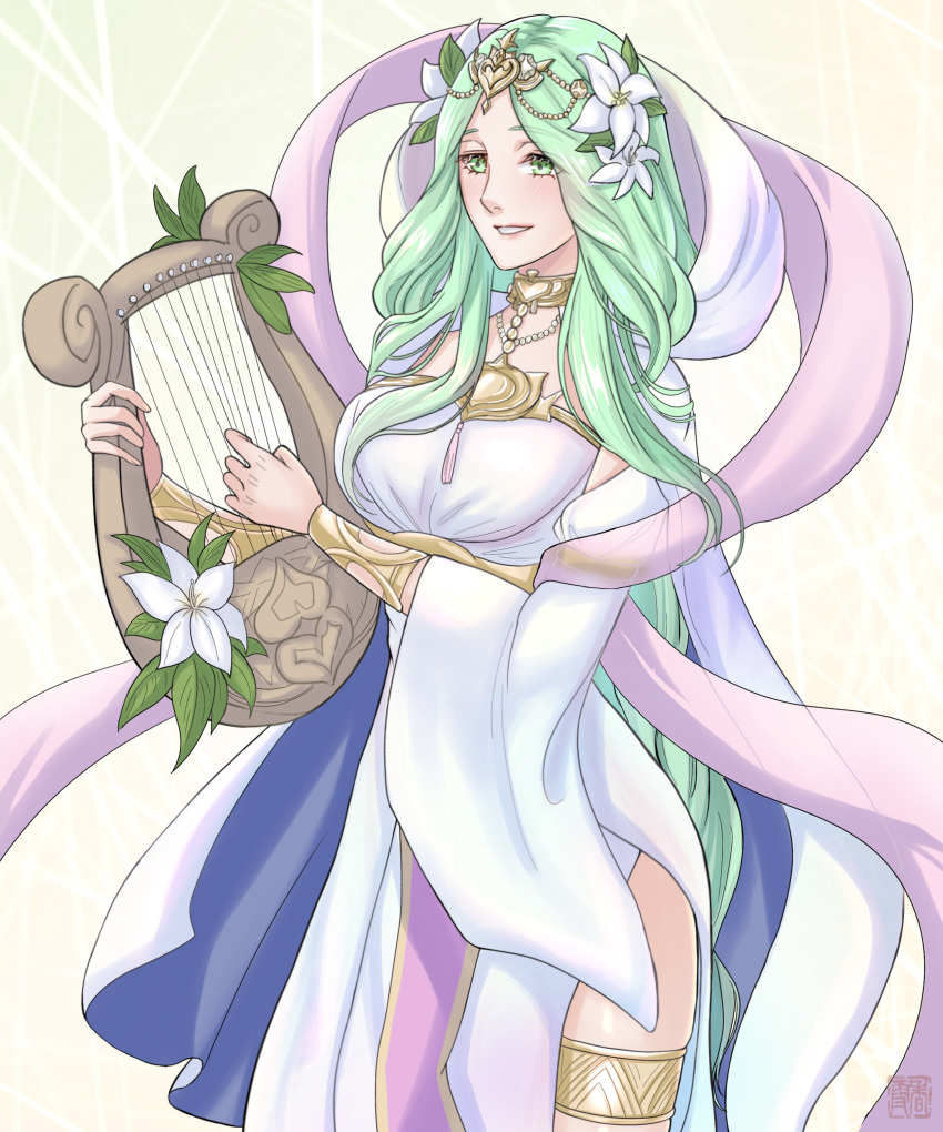 1girl, absurdres, blush, bracelet, breasts, commentary_request, dress, fire_emblem