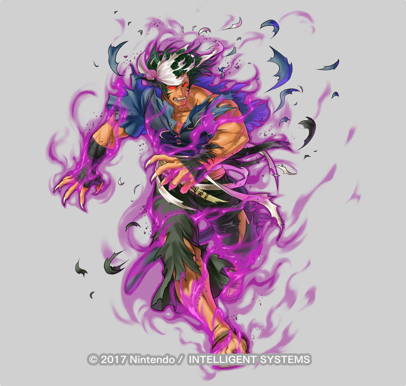 1boy, animal_ears, aura, bandana, claws, copyright_notice, dark-skinned_male, dark_aura