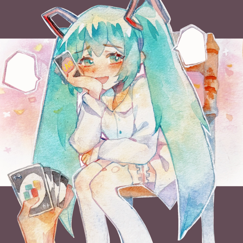 1girl, animal_ear_legwear, animal_print, aqua_eyes, aqua_hair, blank_speech_bubble, blush, border
