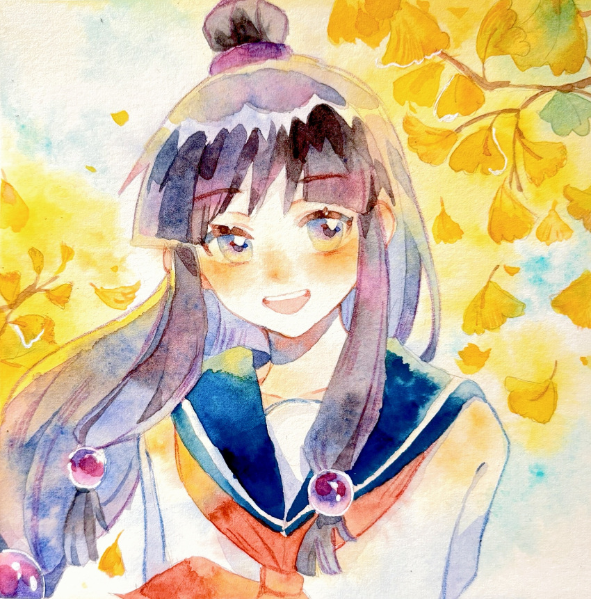 1girl, ace_attorney, alternate_costume, arms_behind_back, black_hair, blue_eyes, blue_sailor_collar, blue_sky, blunt_bangs, blunt_ends, blush, chinese_commentary, collarbone, commentary_request, day, double-parted_bangs, eyelashes, falling_leaves, floating_clothes, floating_hair, ginkgo_leaf, gradient_eyes, hair_bobbles, hair_bun, hair_ornament, hair_scrunchie, happy, highres, leaf, long_hair, long_sidelocks, long_sleeves, looking_at_viewer, low-tied_hair_ring, maya_fey, multicolored_eyes, neckerchief, open_mouth, outdoors, painting_(medium), purple_scrunchie, red_neckerchief, sailor_collar, sanyue_bingbing, school_uniform, scrunchie, serafuku, shirt, sidelocks, single_hair_bun, sky, smile, solo, traditional_media, tree, upper_body, watercolor_(medium), white_shirt, wind, yellow_eyes