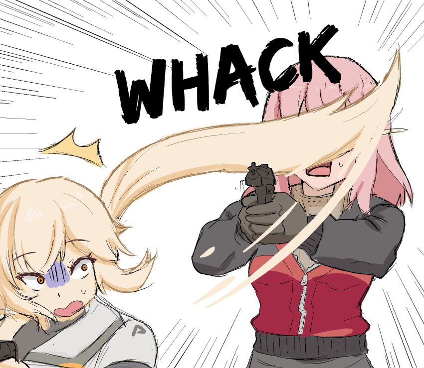 2girls, blonde_hair, elmo_dormitory_outfit, emphasis_lines, english_commentary, gentiane_(girls'_frontline), girls'_frontline_2:_exilium, girls_frontline