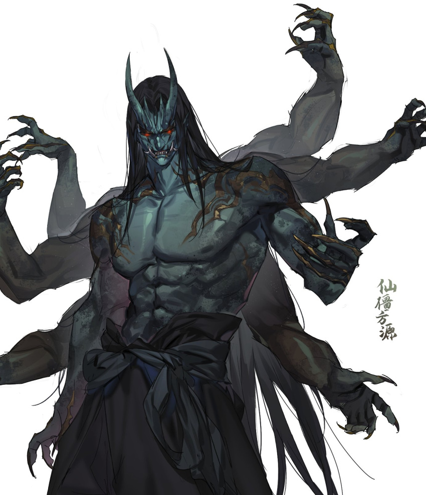 1boy, black_hair, commentary, demon_boy, demon_horns, extra_arms, fangs, fingernails