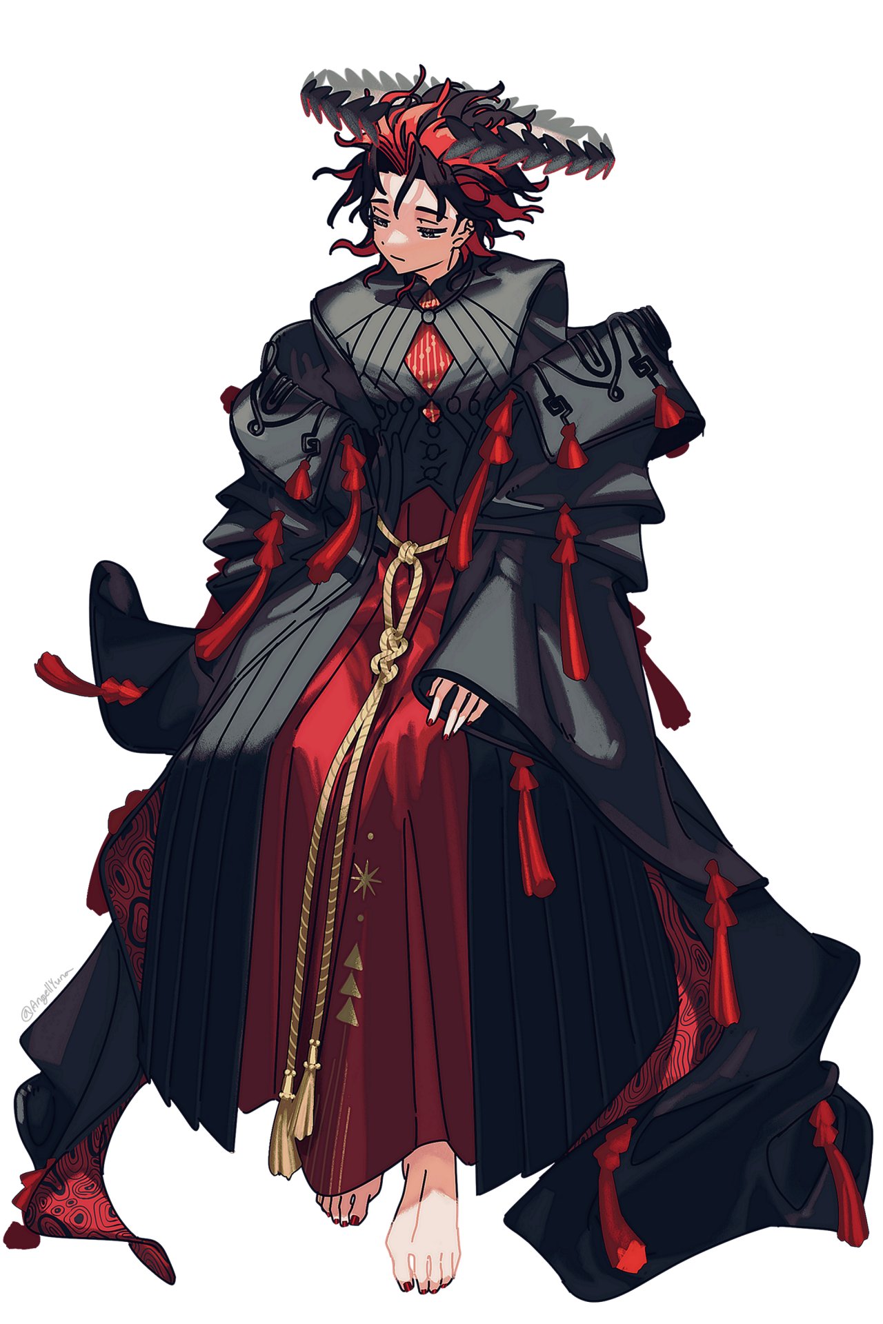 1boy, angellyuna, barefoot, black_coat, black_hair, black_robe, closed_mouth, coat, dante_alighieri_(fate), dante_alighieri_(third_ascension)_(fate), fate/grand_order, fate_(series), floating_crown, full_body, grey_eyes, highres, laurel_crown, long_sleeves, looking_down, male_focus, multicolored_hair, nail_polish, off_shoulder, parted_bangs, red_hair, red_nails, red_robe, robe, short_hair, simple_background, sitting, sleeves_past_wrists, solo, tassel, toenail_polish, toenails, twitter_username, two-tone_hair, white_background, wide_sleeves