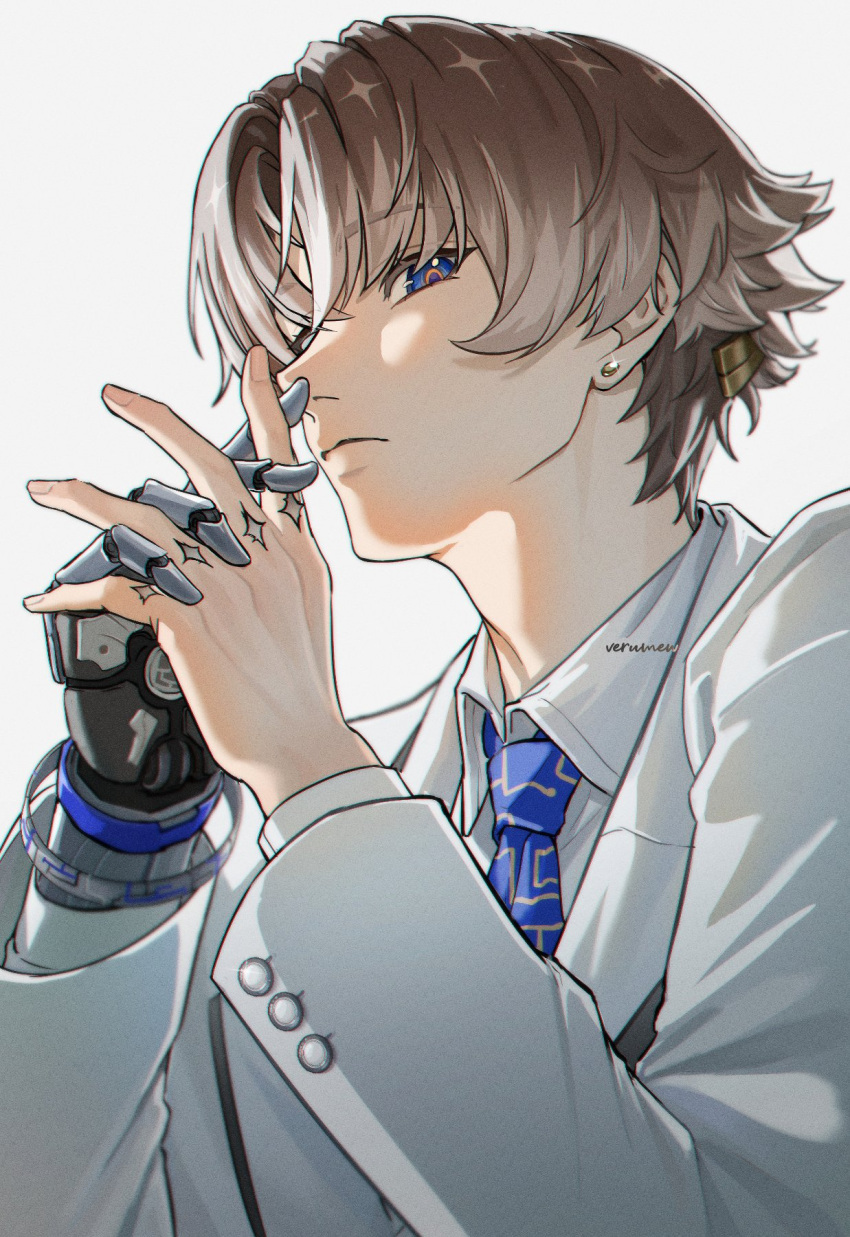 1boy, alternate_costume, blue_eyes, blue_necktie, brown_hair, closed_mouth, collared_shirt, commentary