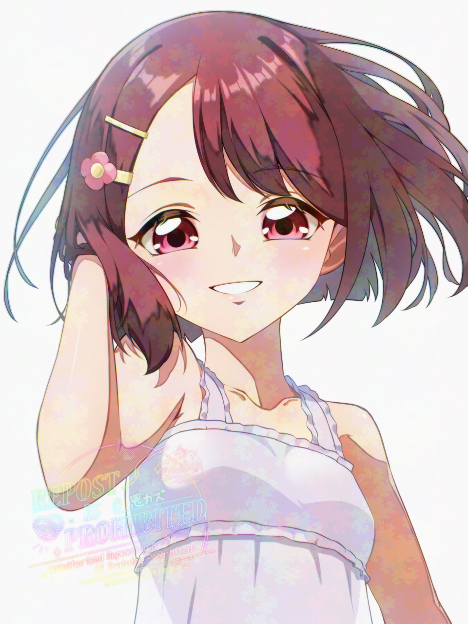 1girl, birthday, blush, collarbone, dress, hair_ornament, hairclip, hanadera_nodoka