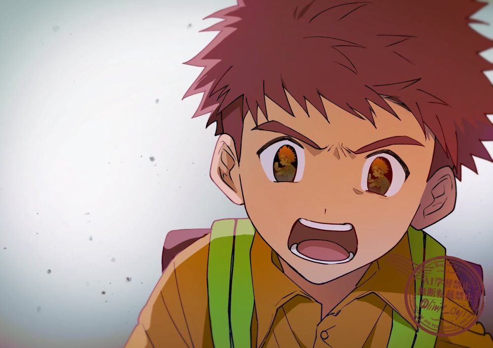 2boys, backpack, bag, black_eyes, brown_hair, digimon, digimon_adventure, eye_reflection, grey_background, izumi_koshiro, limit_deji, multiple_boys, orange_shirt, reflection, shirt, simple_background, solo_focus, upper_body, yagami_taichi