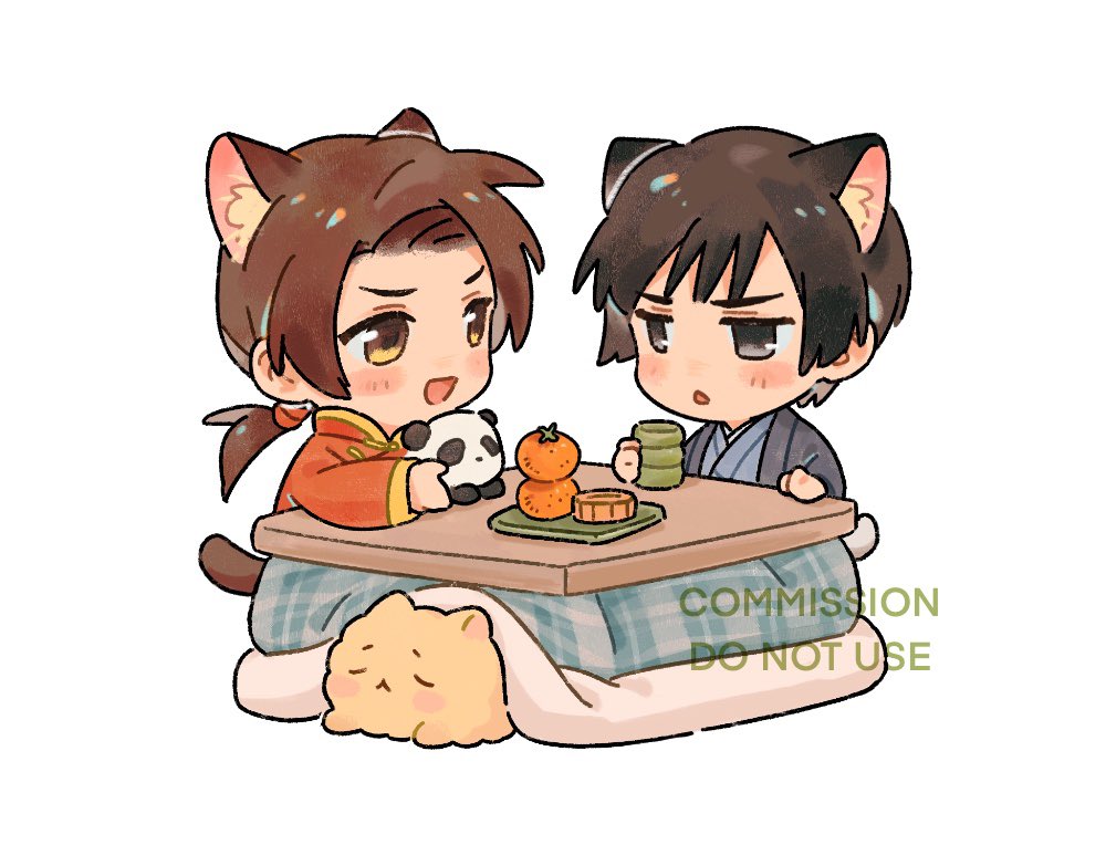 2boys, animal, animal_ear_fluff, animal_ears, axis_powers_hetalia, black_eyes, black_hair, blanket, blue_kimono, blush, brown_hair, cat_ears, cat_tail, changpao, chibi, china_(hetalia), chinese_clothes, commission, cup, dog, dog_ears, food, fruit, half-closed_eyes, haori, holding, holding_cup, japan_(hetalia), japanese_clothes, kemonomimi_mode, kimono, long_hair, long_sleeves, looking_at_another, low_ponytail, mandarin_collar, mandarin_orange, mooncake, multiple_boys, open_clothes, open_mouth, panda, panda_ears, pet, ponytail, red_shirt, shirt, short_hair, sidelocks, simple_background, sitting, smile, table, tail, tea_(candyfoxx), tray, v-shaped_eyebrows, watermark, white_background, wide_sleeves, yellow_dog, yellow_eyes, yellow_fur, yunomi