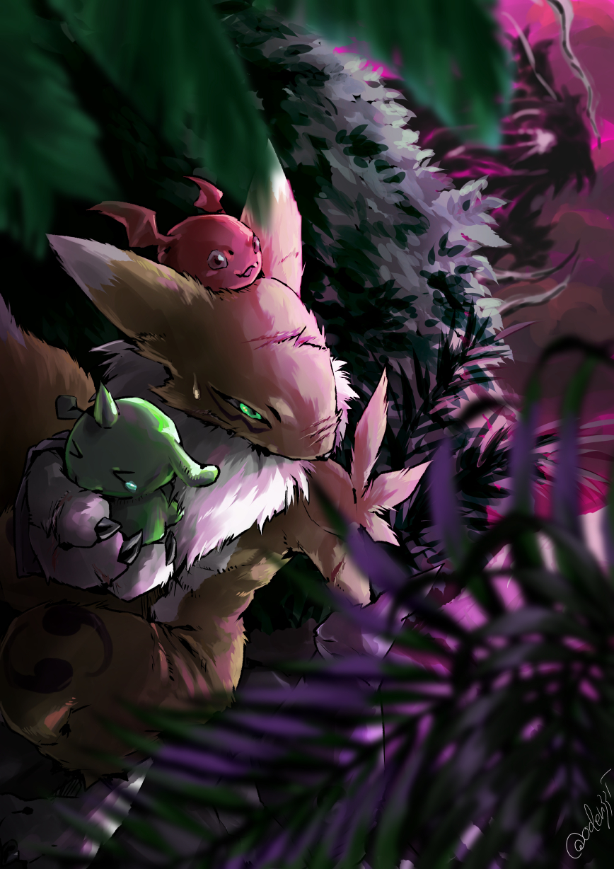 3others, black_claws, chest_tuft, colored_skin, digimon, digimon_(creature), furry, gigimon, green_eyes, green_skin, gummymon, hiding, highres, holding_digimon, multiple_others, neck_tuft, oden_(odenzzi), purple_sleeves, red_skin, renamon, scar, scar_on_face, sweatdrop, tomoe_(symbol), two-tone_fur, yellow_fur
