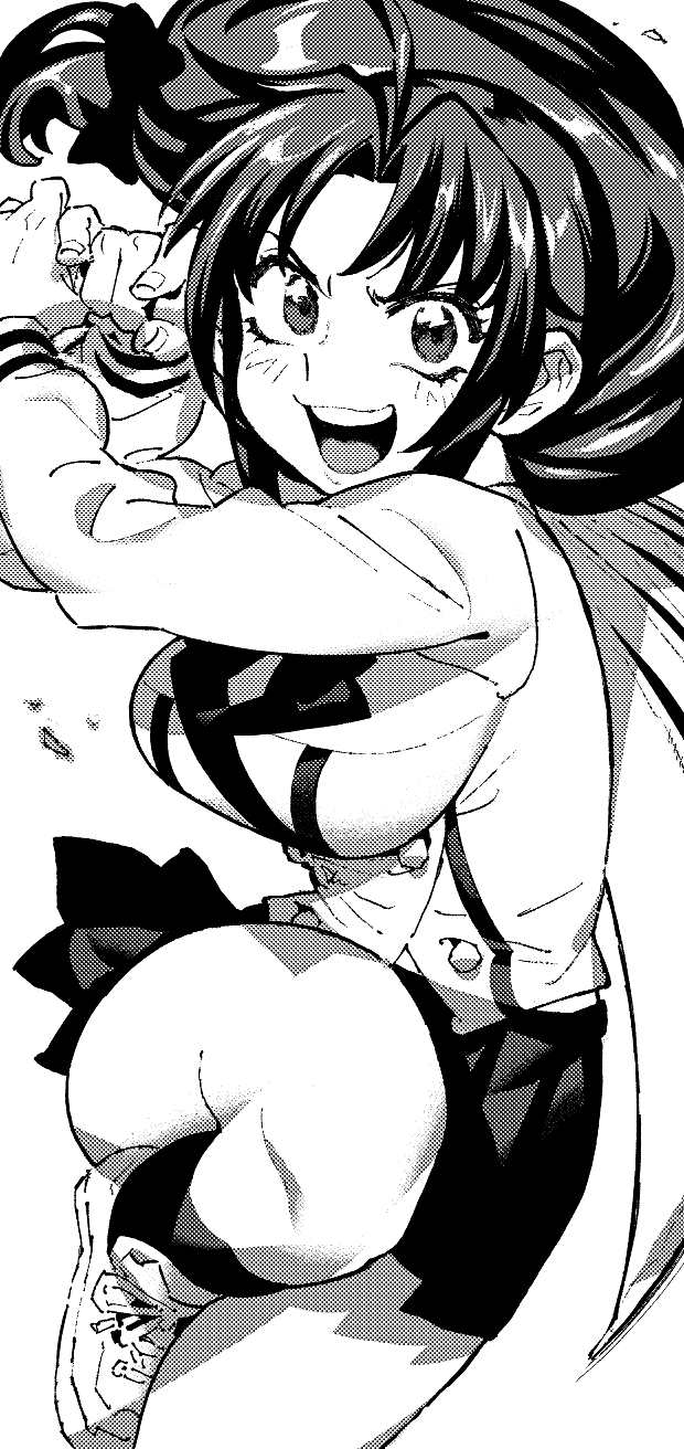 :d, ahoge, batting_stance, ben-day_dots, blush, breasts, buttons, chidori_kaname